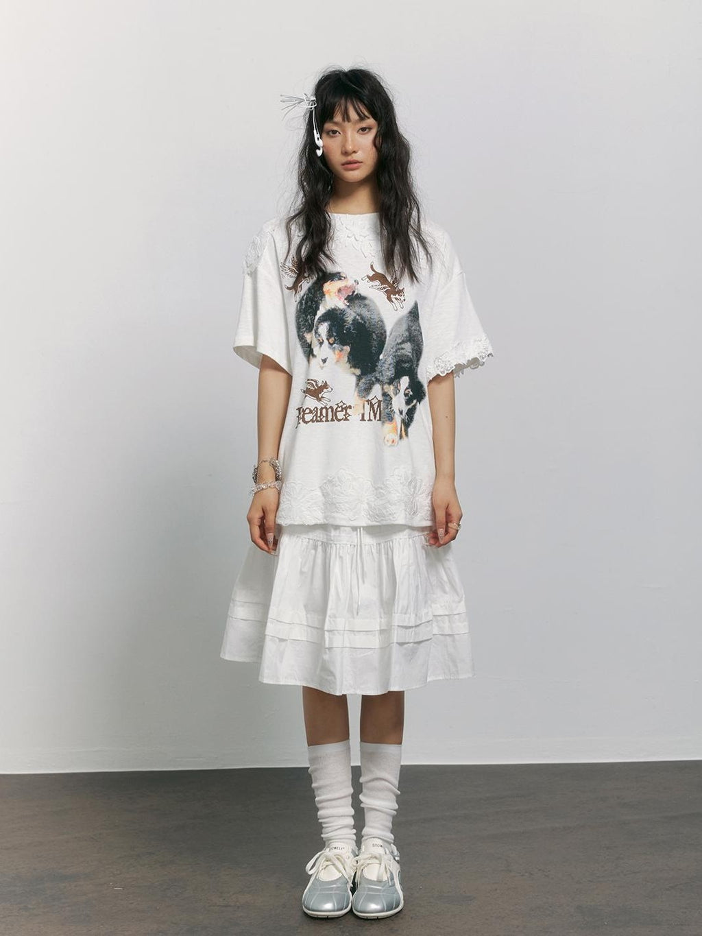 TOOOLAZY White Dog Print Lace Splicing Women's Cotton Oversized T-shirts