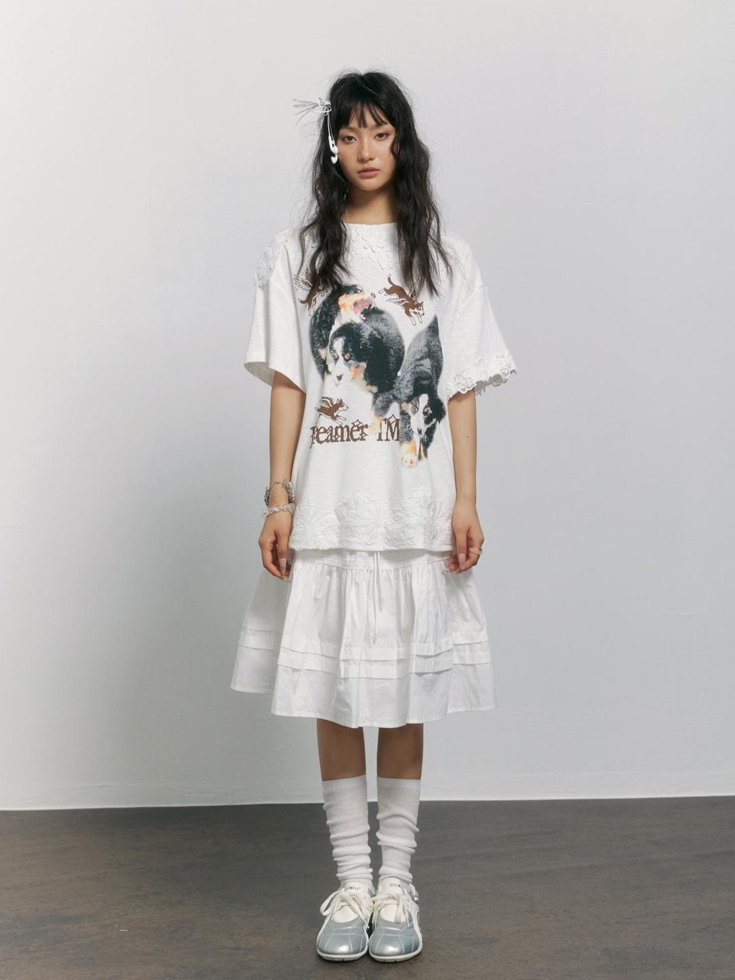 TOOOLAZY White Dog Print Lace Splicing Women's Cotton Oversized T-shirts