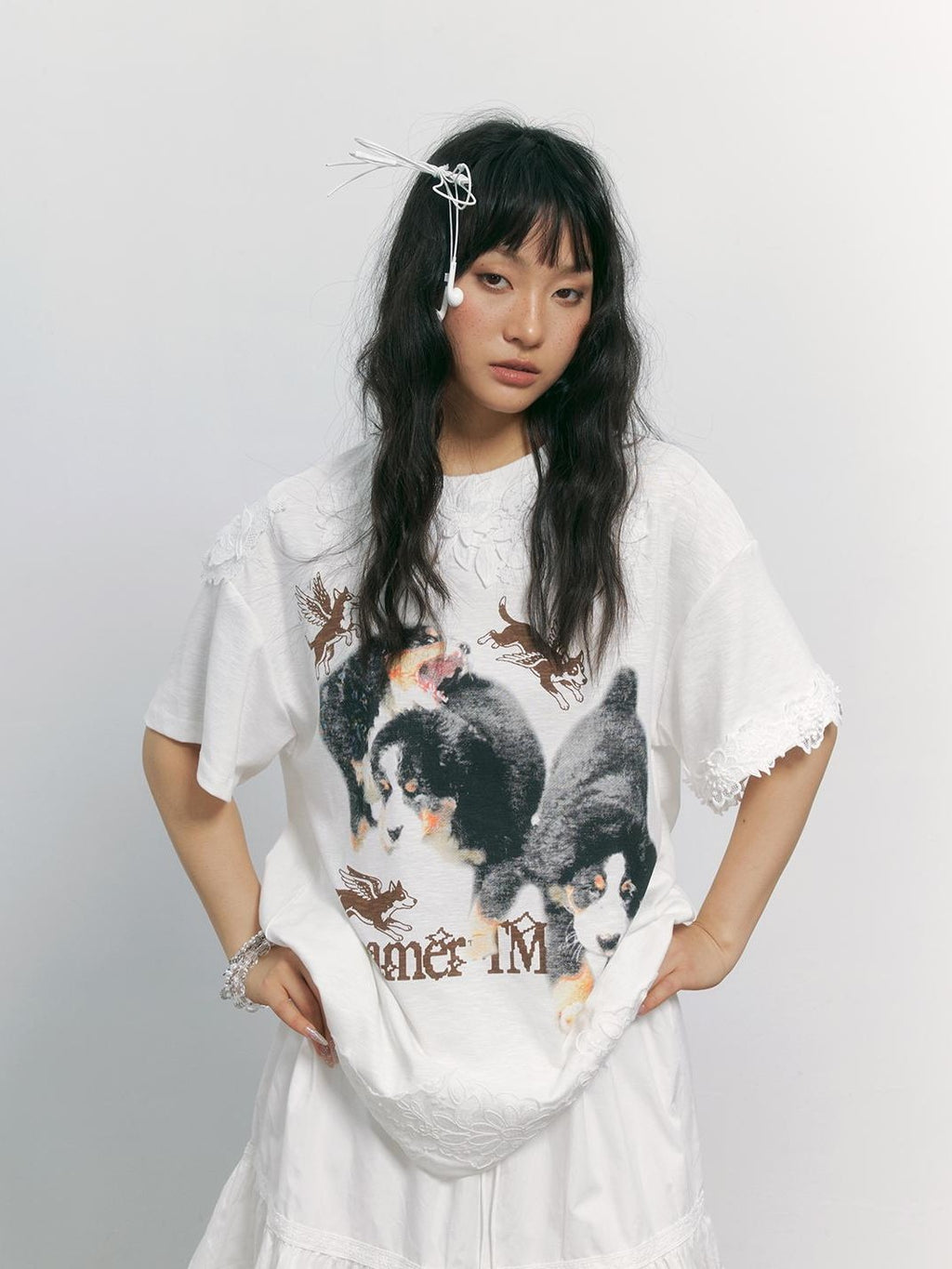 TOOOLAZY White Dog Print Lace Splicing Women's Cotton Oversized T-shirts