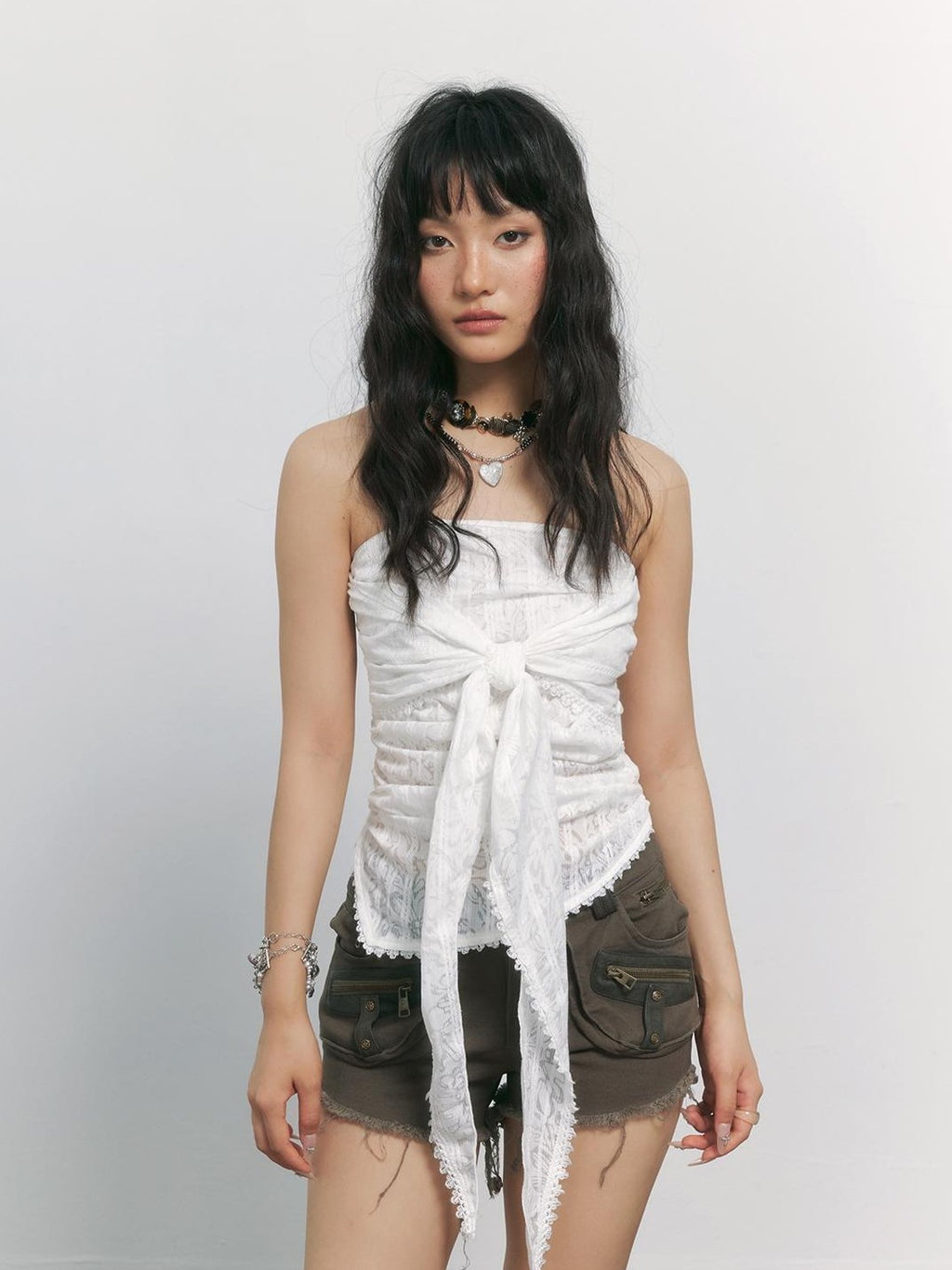 TOOOLAZY White Lace Tie Detail Slim Fit Cropped Solid Women's Bandeau Tops