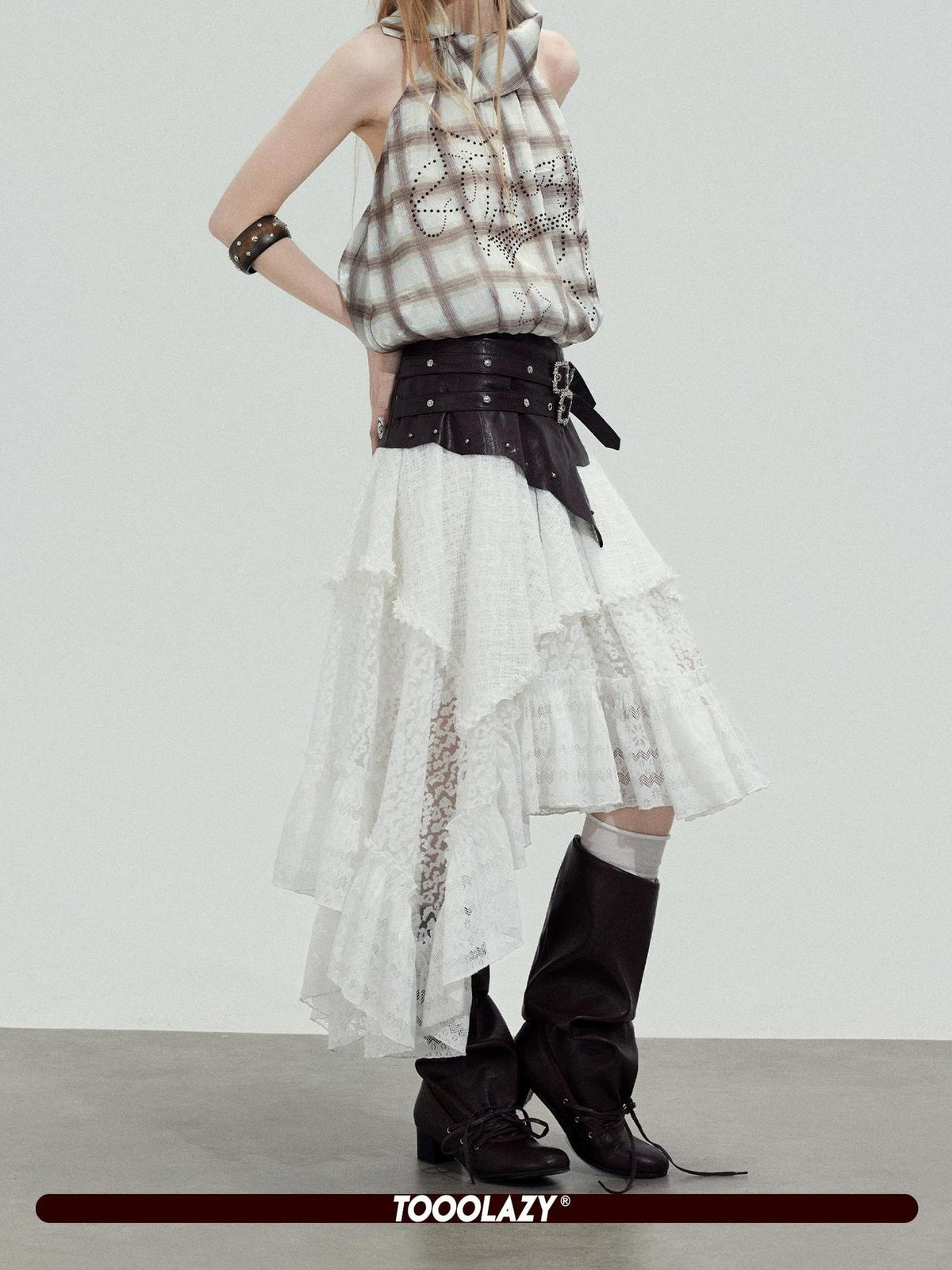 TOOOLAZY White Leather Splice Lace Irregular Hem Women's Polyester Maxi Skirts