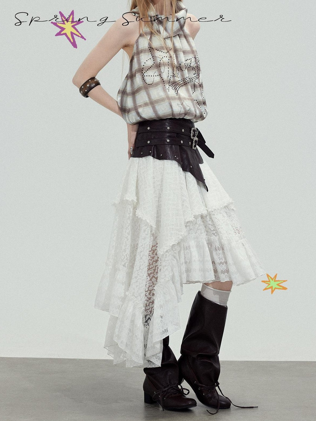 TOOOLAZY White Leather Splice Lace Irregular Hem Women's Polyester Maxi Skirts