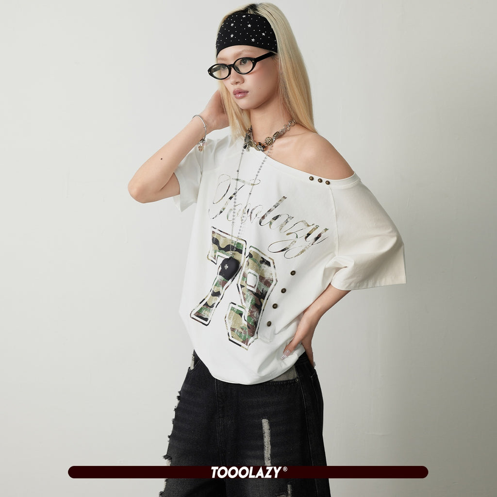 TOOOLAZY_White_Letter_And_Number_Print_Asymmetric_Women's_Cotton_Off-shoulder_T-shirts_1039077426864_MISSTT