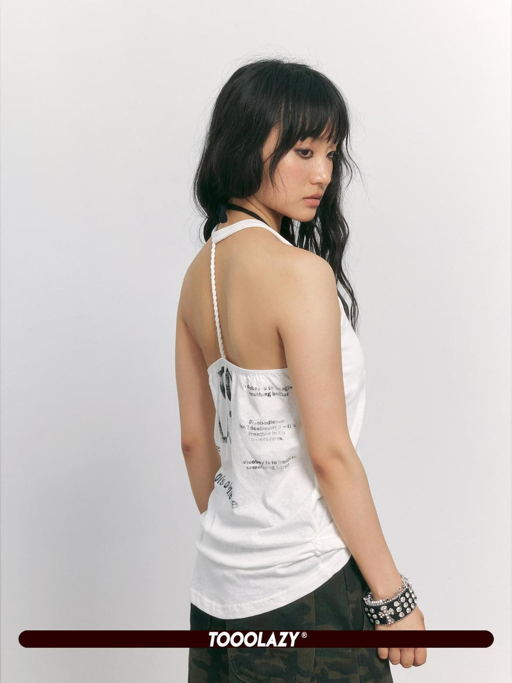 TOOOLAZY White Letter Print Backless Punk Vintage Women's Cotton Halter Tops