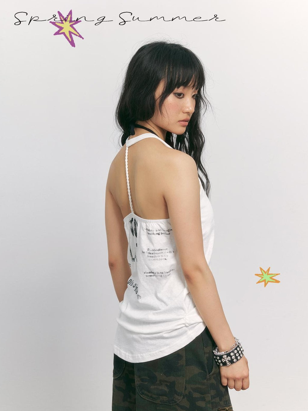 TOOOLAZY White Letter Print Backless Punk Vintage Women's Cotton Halter Tops