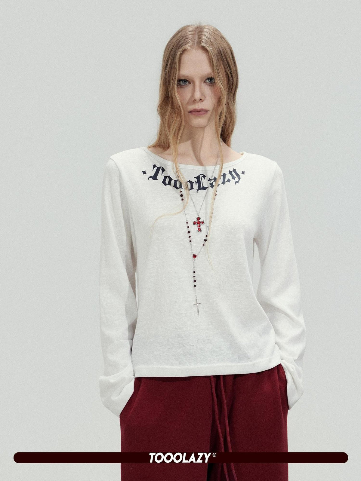 TOOOLAZY White Letter Print Crew Neck Women's Cotton Long Sleeve T-shirts