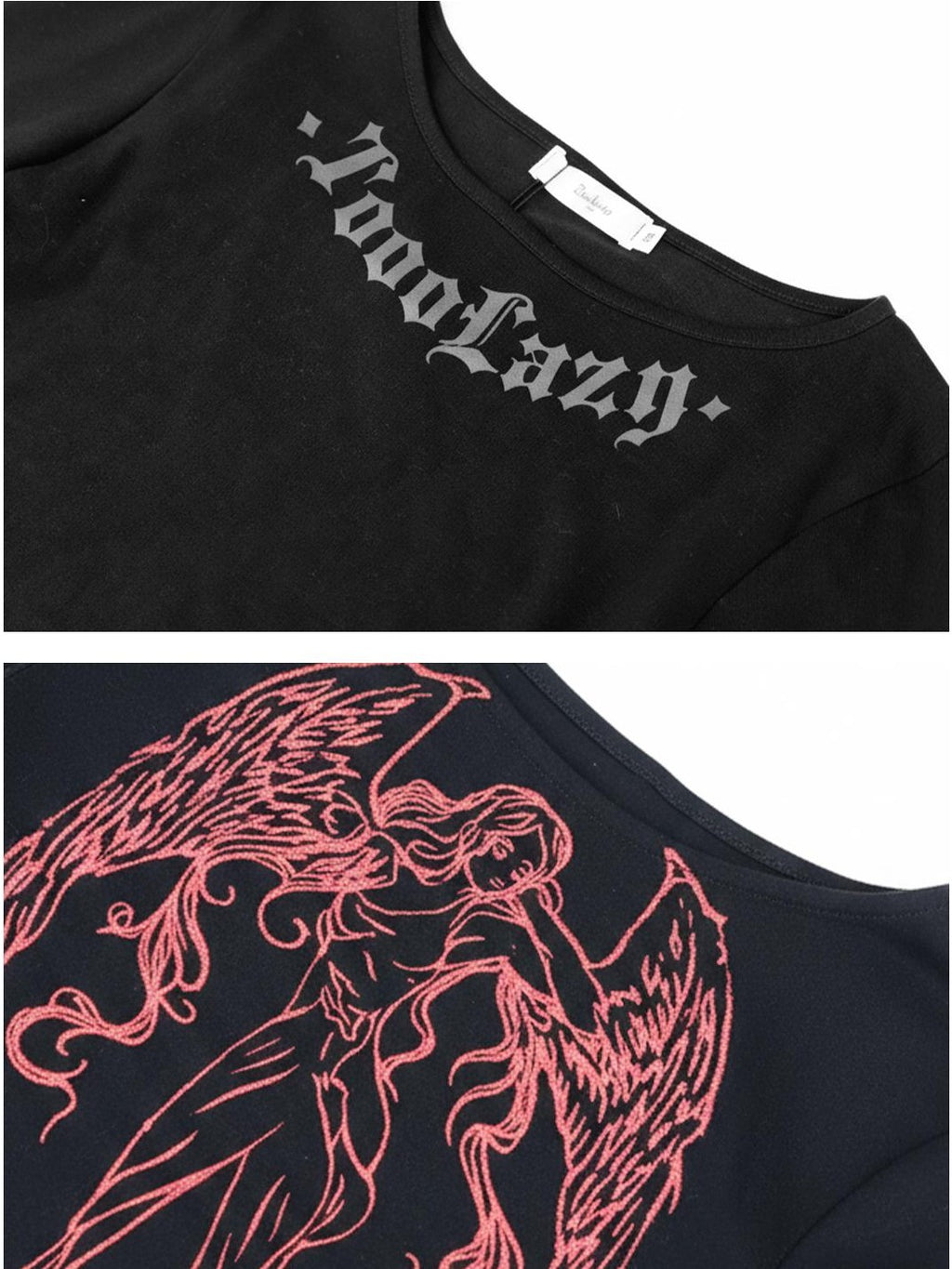 TOOOLAZY White Letter Print Crew Neck Women's Cotton Long Sleeve T-shirts