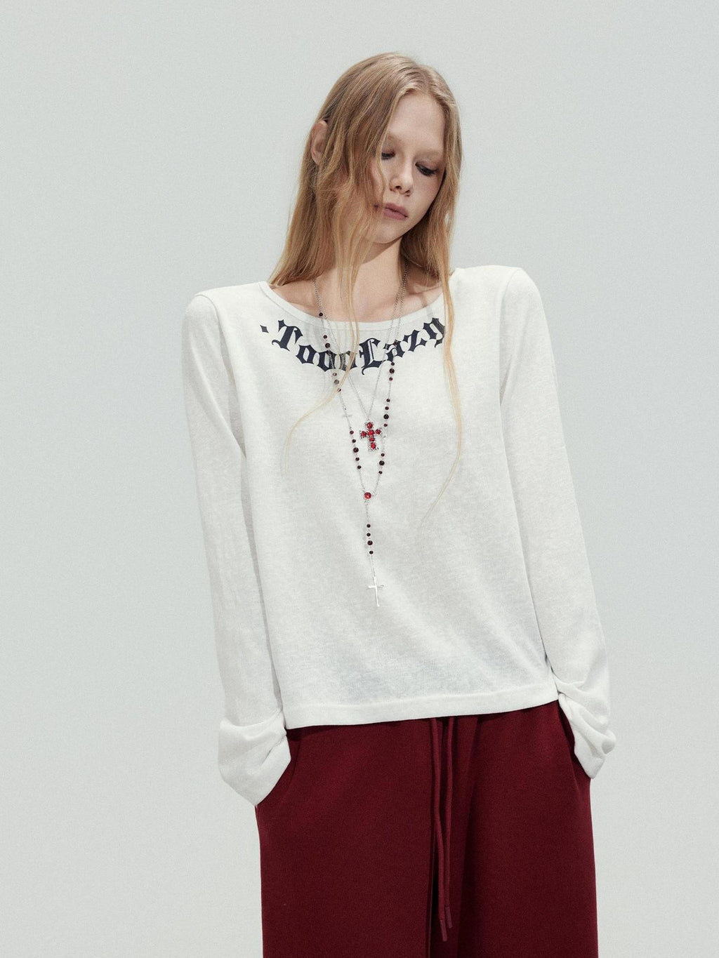TOOOLAZY White Letter Print Crew Neck Women's Cotton Long Sleeve T-shirts
