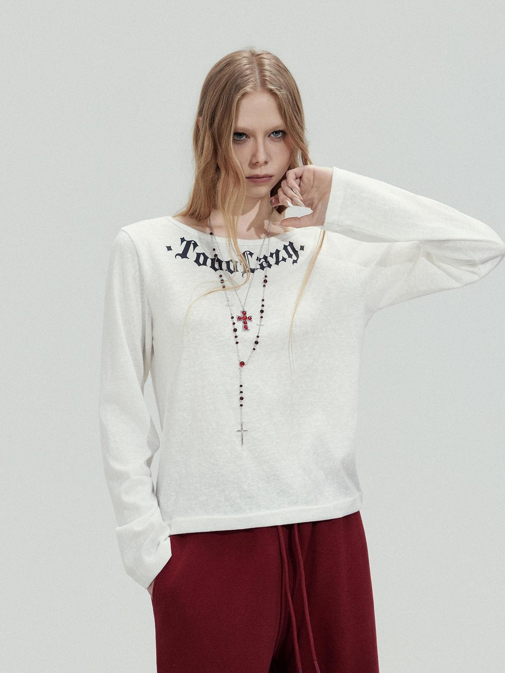 TOOOLAZY White Letter Print Crew Neck Women's Cotton Long Sleeve T-shirts