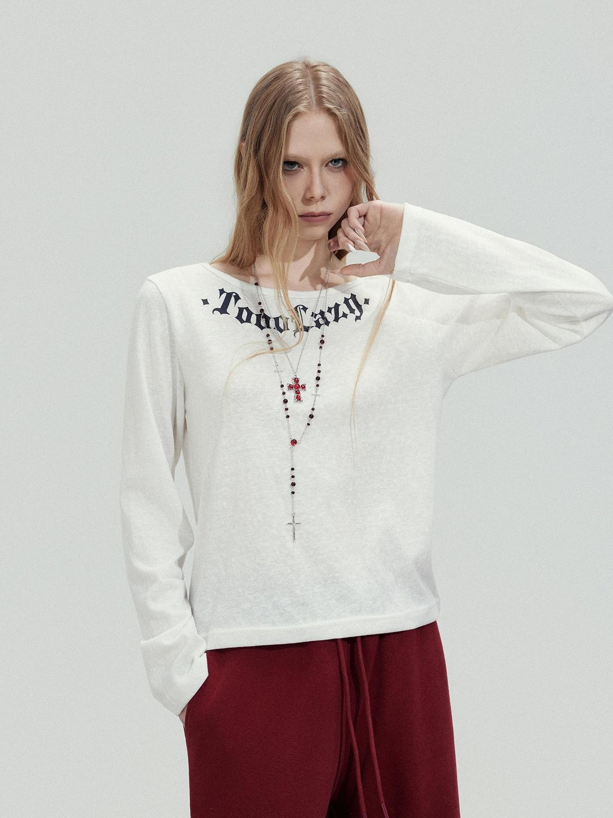TOOOLAZY White Letter Print Crew Neck Women's Cotton Long Sleeve T-shirts