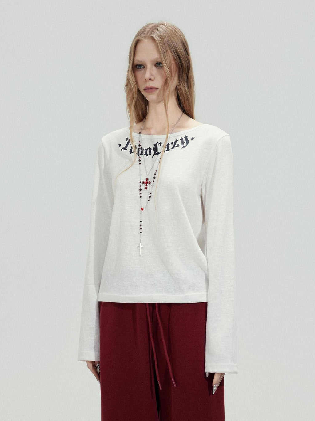 TOOOLAZY White Letter Print Crew Neck Women's Cotton Long Sleeve T-shirts