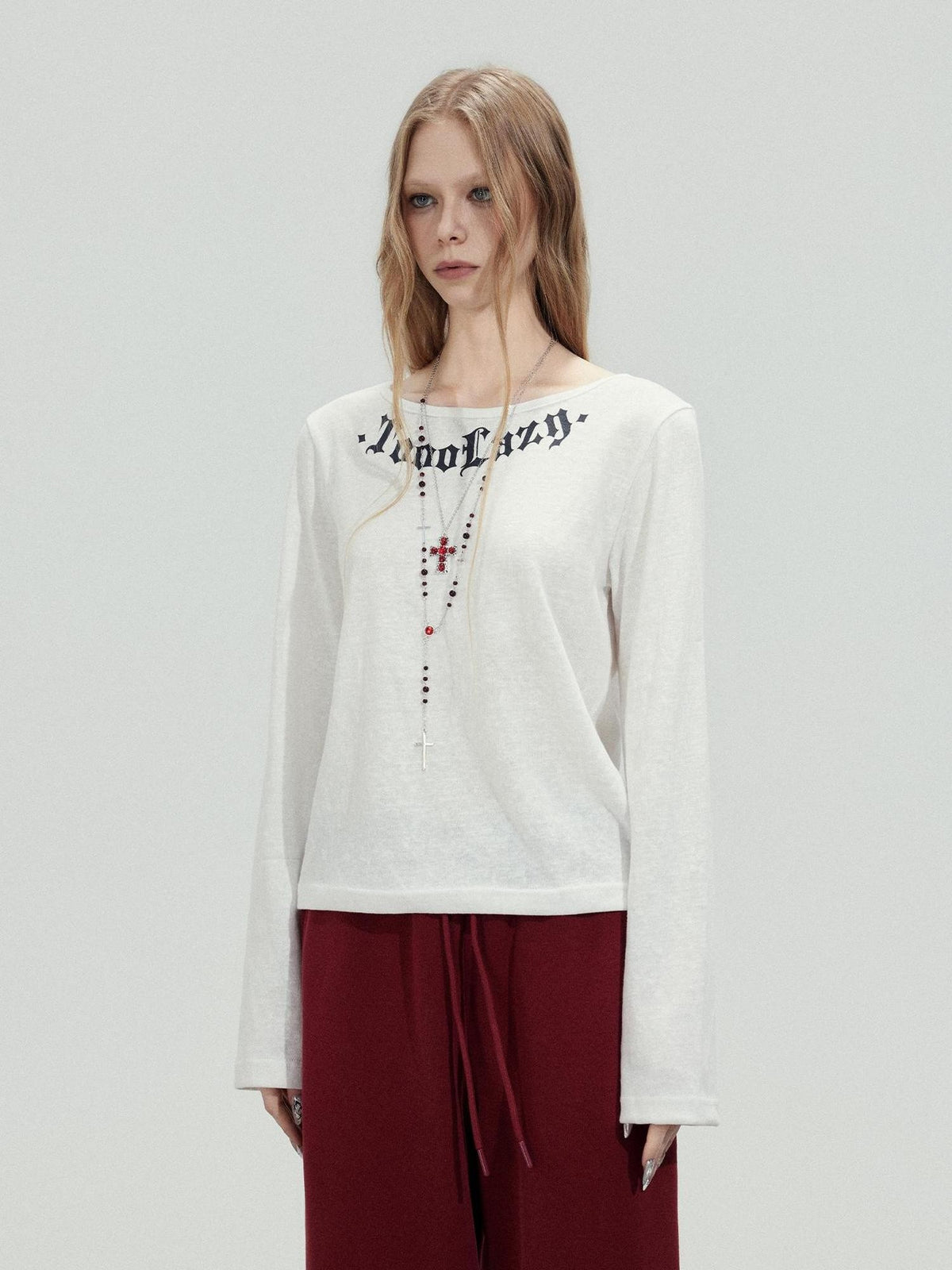 TOOOLAZY White Letter Print Crew Neck Women's Cotton Long Sleeve T-shirts