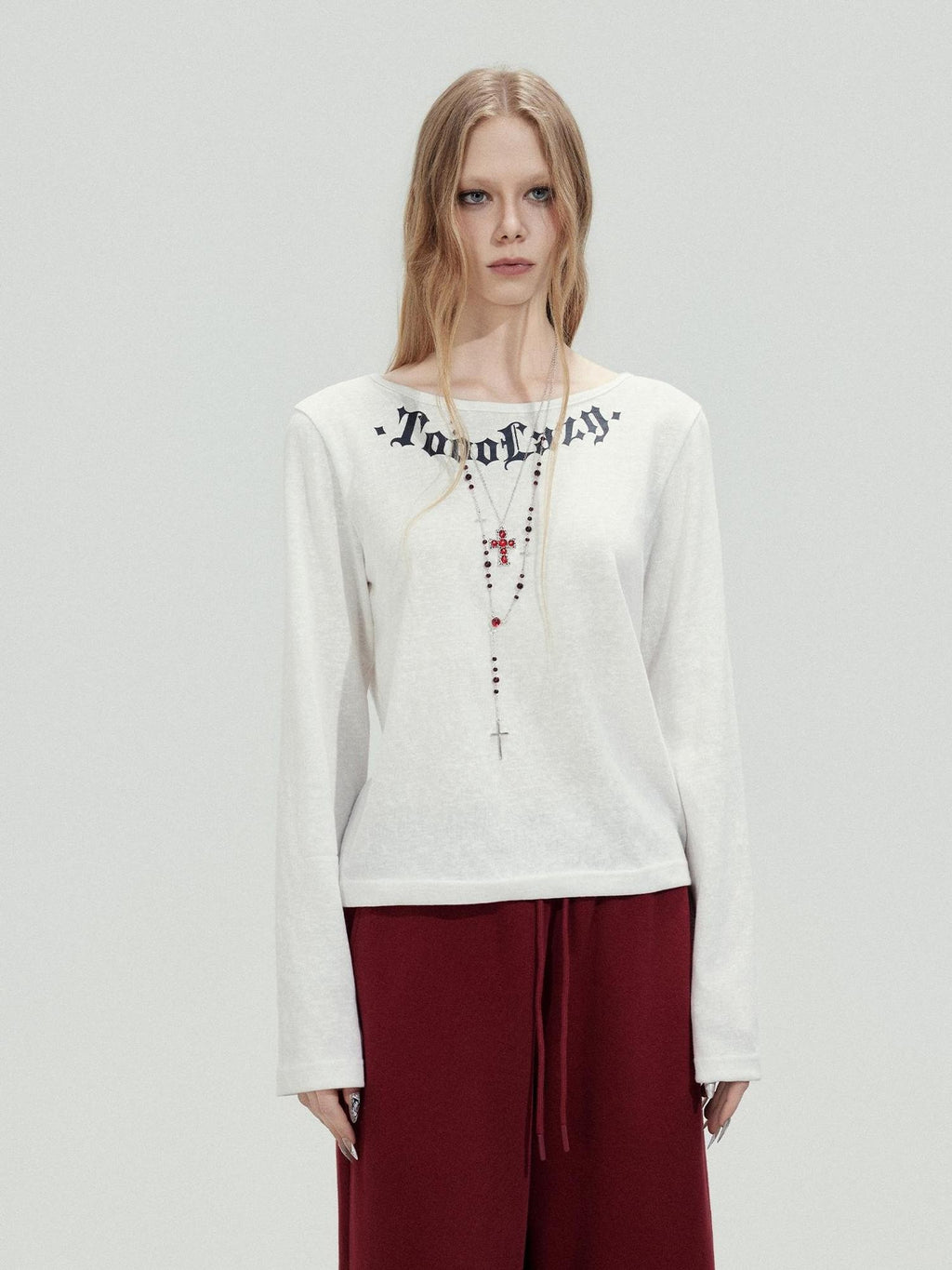 TOOOLAZY White Letter Print Crew Neck Women's Cotton Long Sleeve T-shirts
