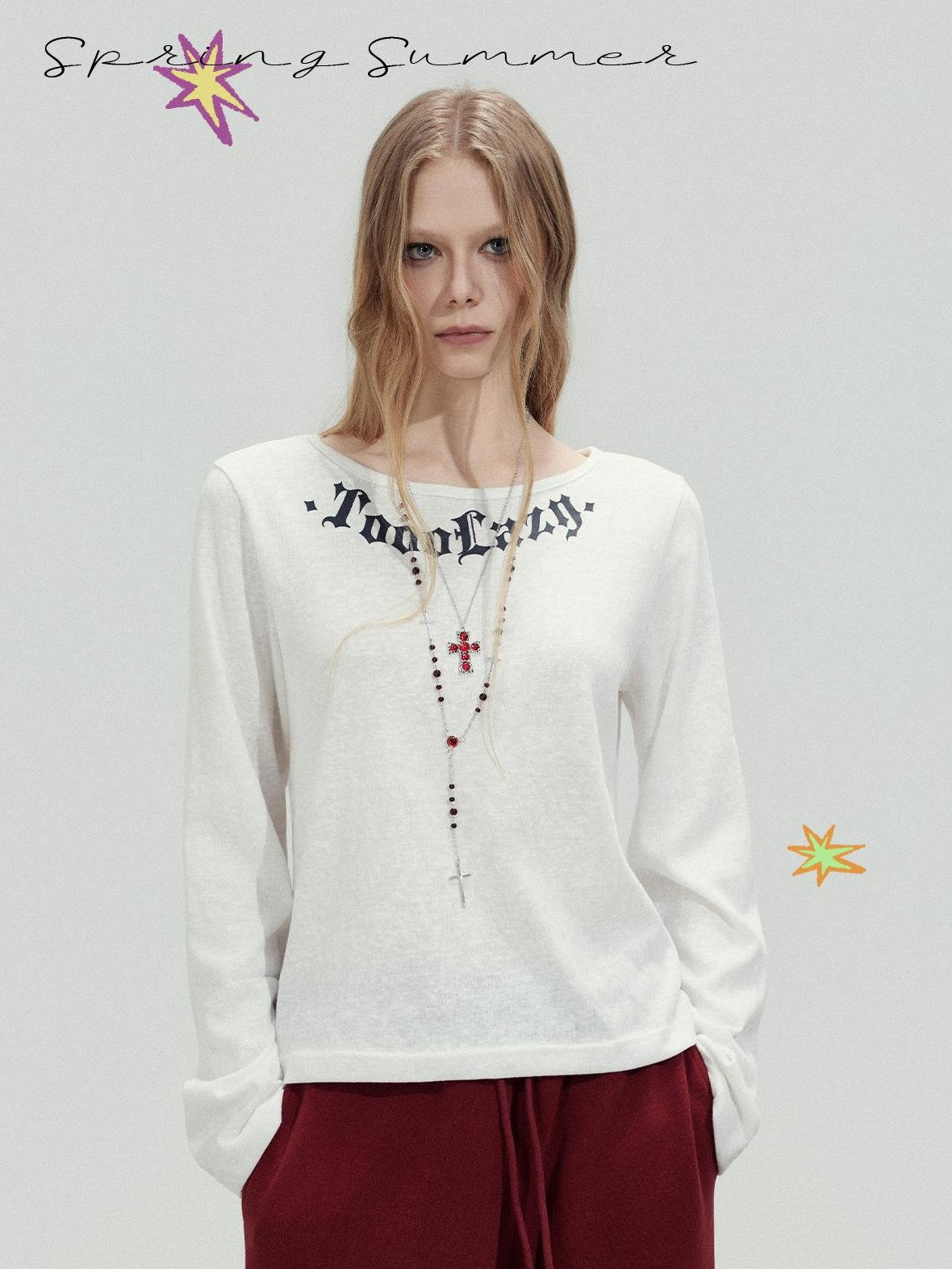 TOOOLAZY White Letter Print Crew Neck Women's Cotton Long Sleeve T-shirts