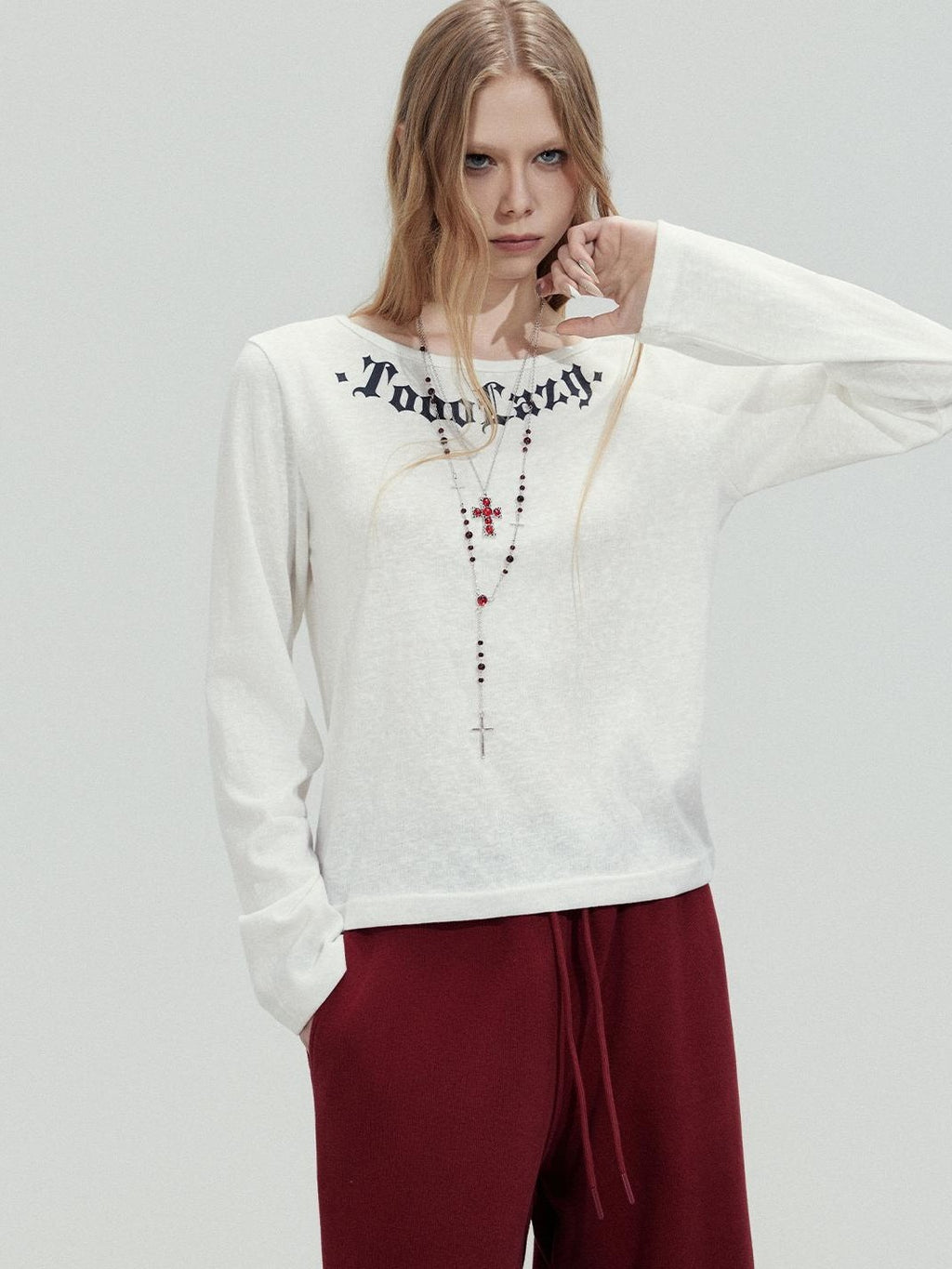 TOOOLAZY White Letter Print Crew Neck Women's Cotton Long Sleeve T-shirts