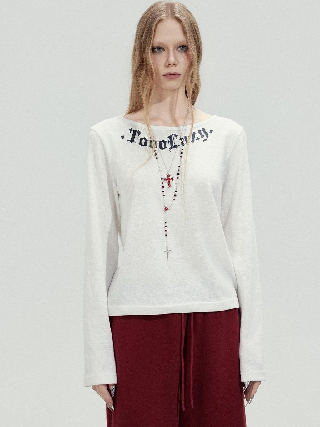 TOOOLAZY White Letter Print Crew Neck Women's Cotton Long Sleeve T-shirts