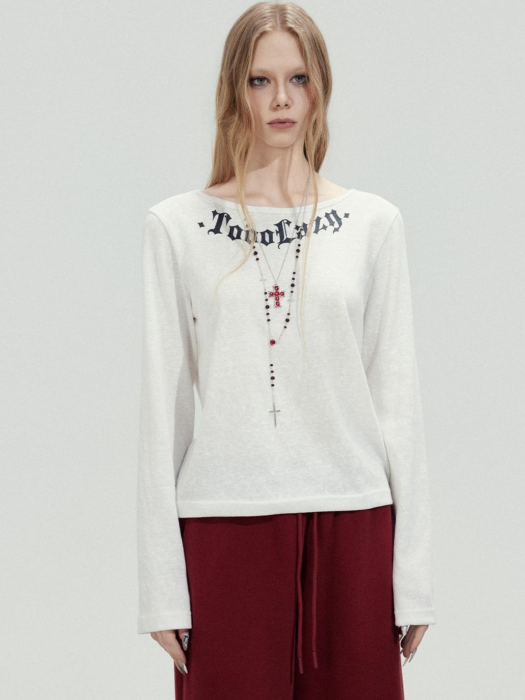 TOOOLAZY White Letter Print Crew Neck Women's Cotton Long Sleeve T-shirts