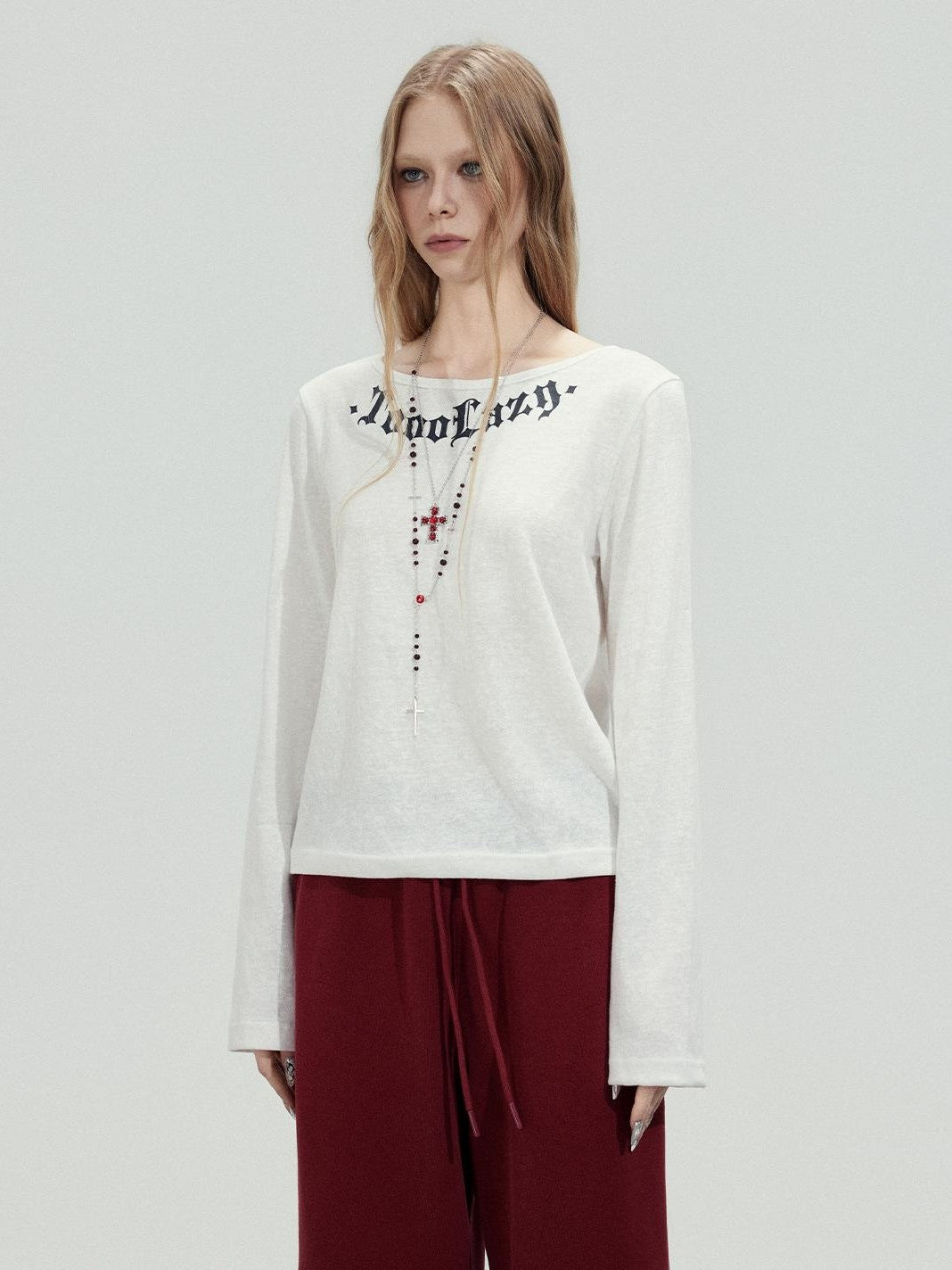TOOOLAZY White Letter Print Crew Neck Women's Cotton Long Sleeve T-shirts