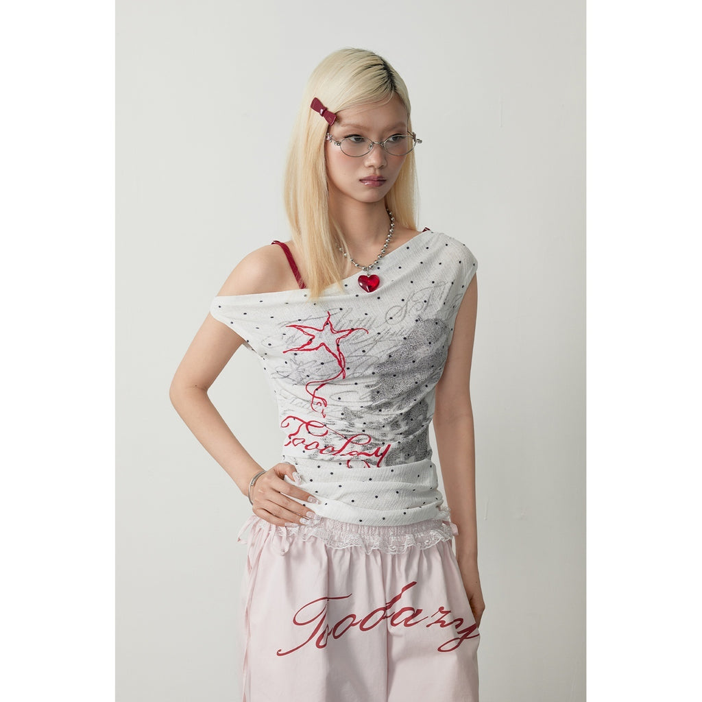 TOOOLAZY_White_Polka_Dot_Asymmetric_Neckline_Women's_Polyester_Off-shoulder_T-shirts_1039477679473_MISSTT