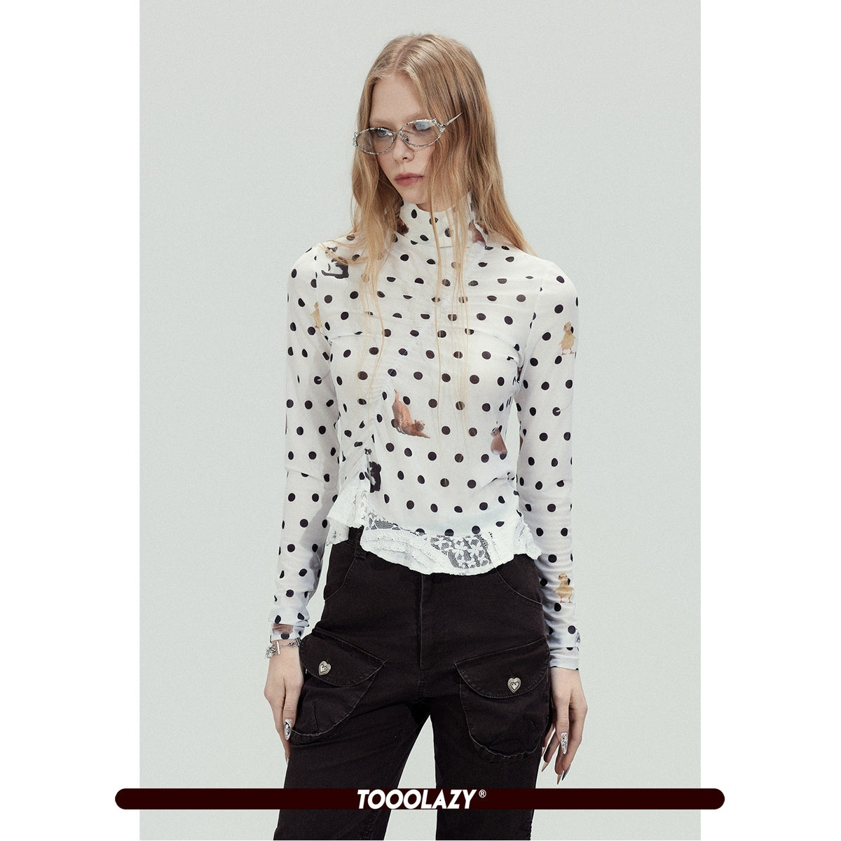 TOOOLAZY_White_Polka_Dot_Lace_Trim_High_Neck_Slim_Women's_Mesh_Long_Sleeve_T-shirts_1022460008853_MISSTT