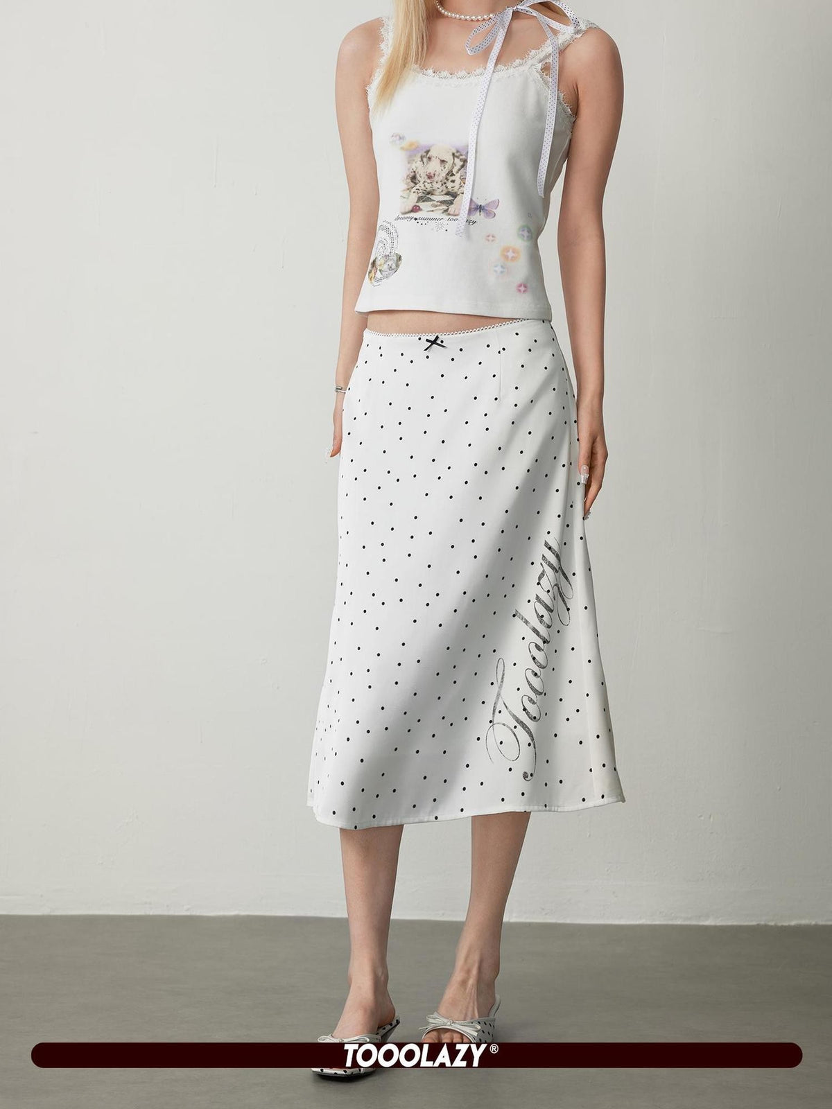 TOOOLAZY White Polka Dot Print High Waist Mid Length Women's Polyester A-line Skirts