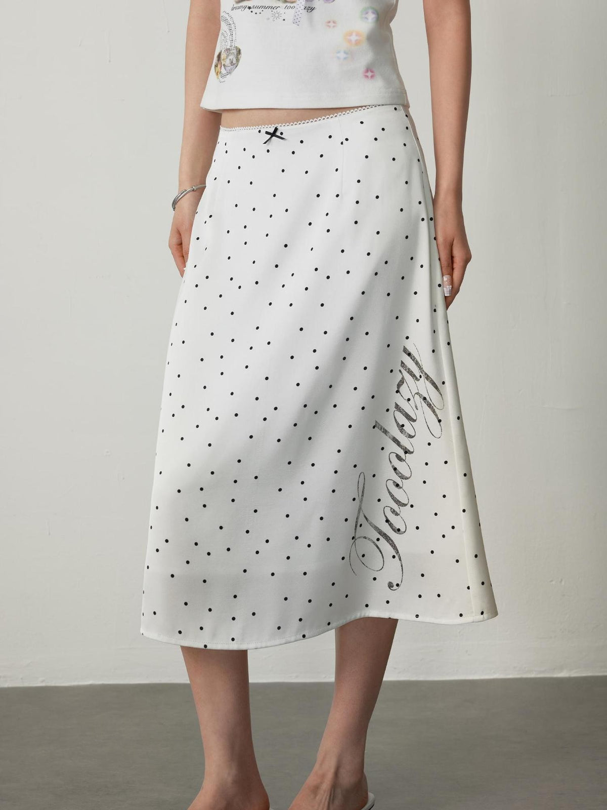 TOOOLAZY White Polka Dot Print High Waist Mid Length Women's Polyester A-line Skirts