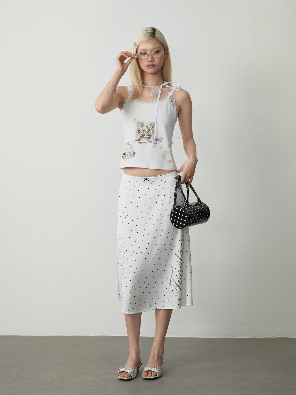TOOOLAZY White Polka Dot Print High Waist Mid Length Women's Polyester A-line Skirts