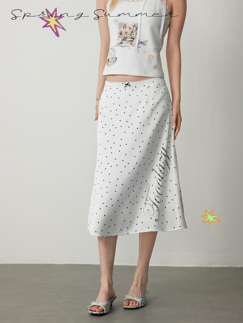 TOOOLAZY White Polka Dot Print High Waist Mid Length Women's Polyester A-line Skirts