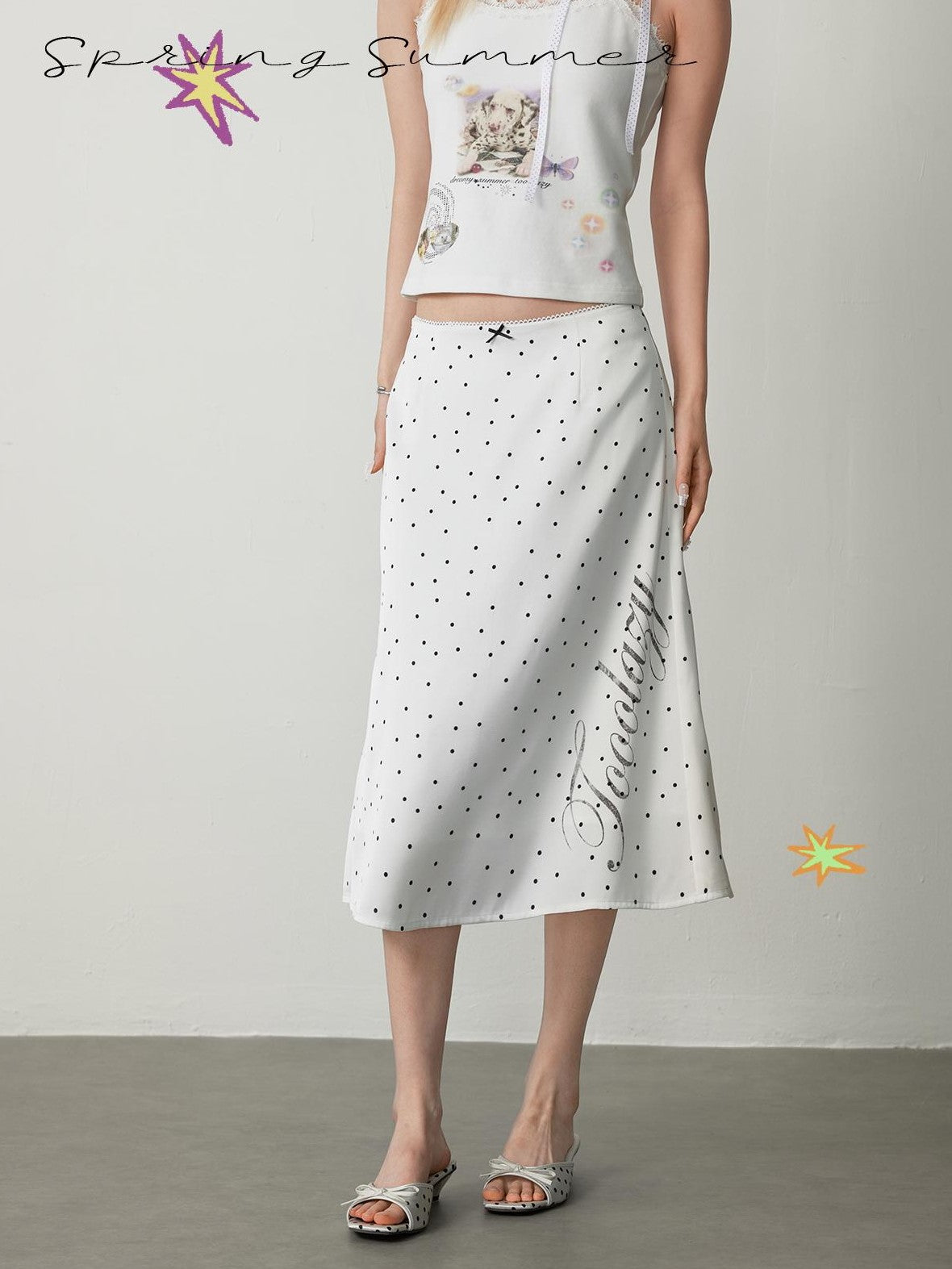 TOOOLAZY White Polka Dot Print High Waist Mid Length Women's Polyester A-line Skirts