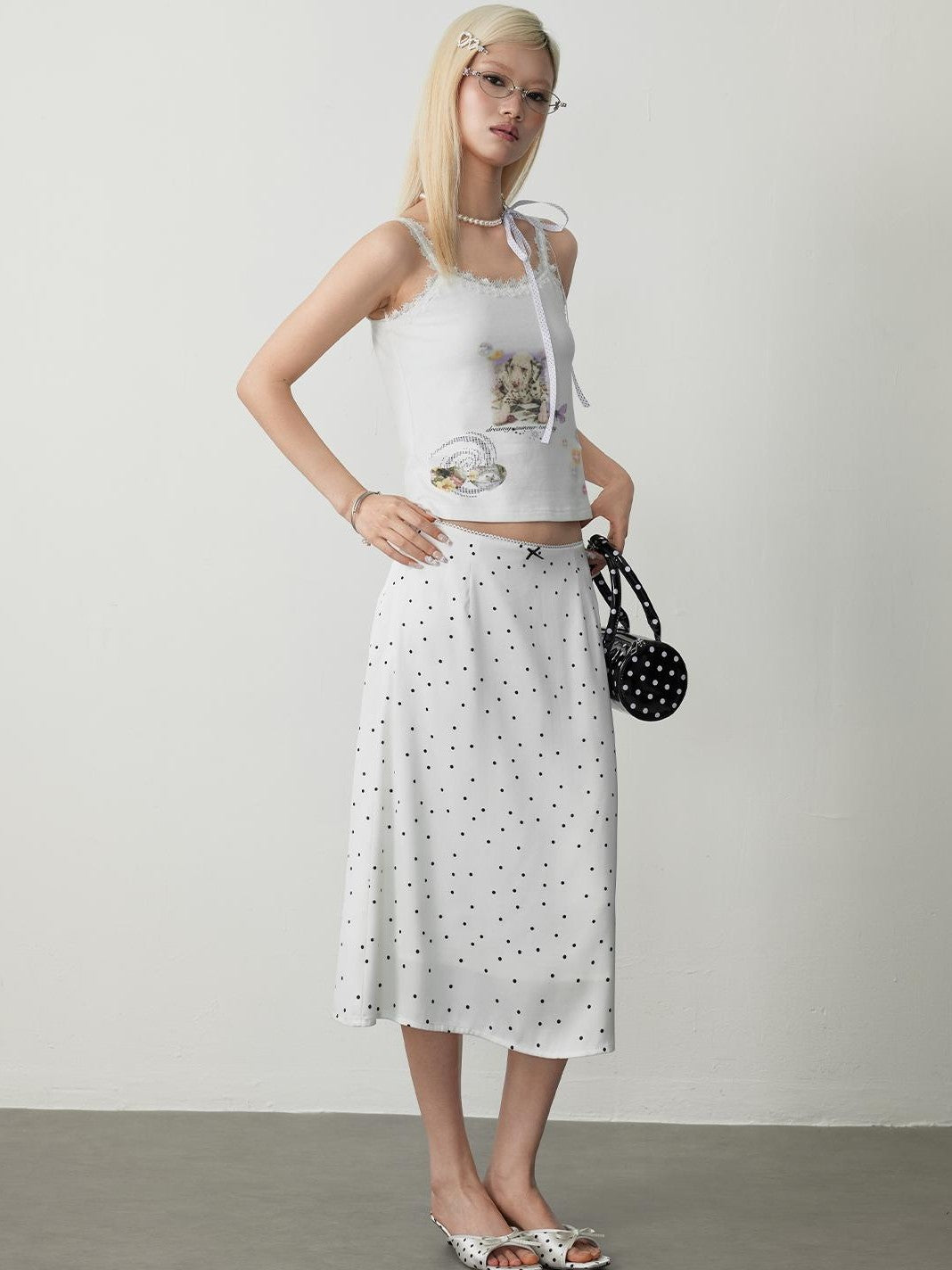TOOOLAZY White Polka Dot Print High Waist Mid Length Women's Polyester A-line Skirts