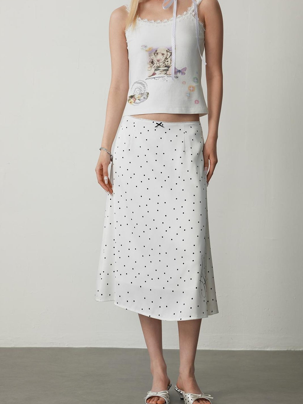 TOOOLAZY White Polka Dot Print High Waist Mid Length Women's Polyester A-line Skirts