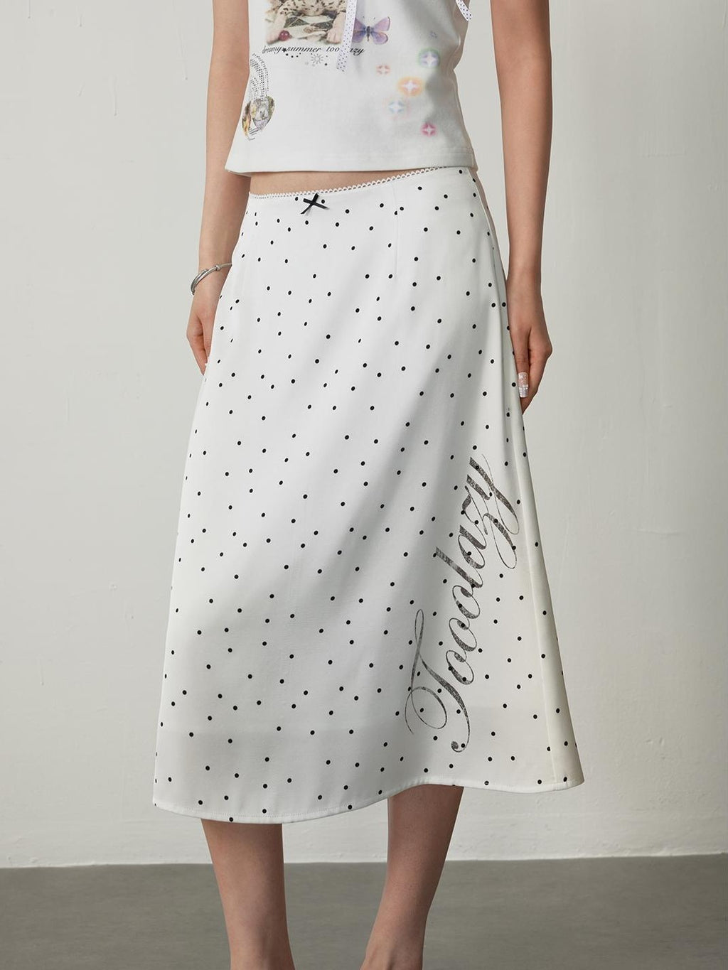 TOOOLAZY White Polka Dot Print High Waist Mid Length Women's Polyester A-line Skirts