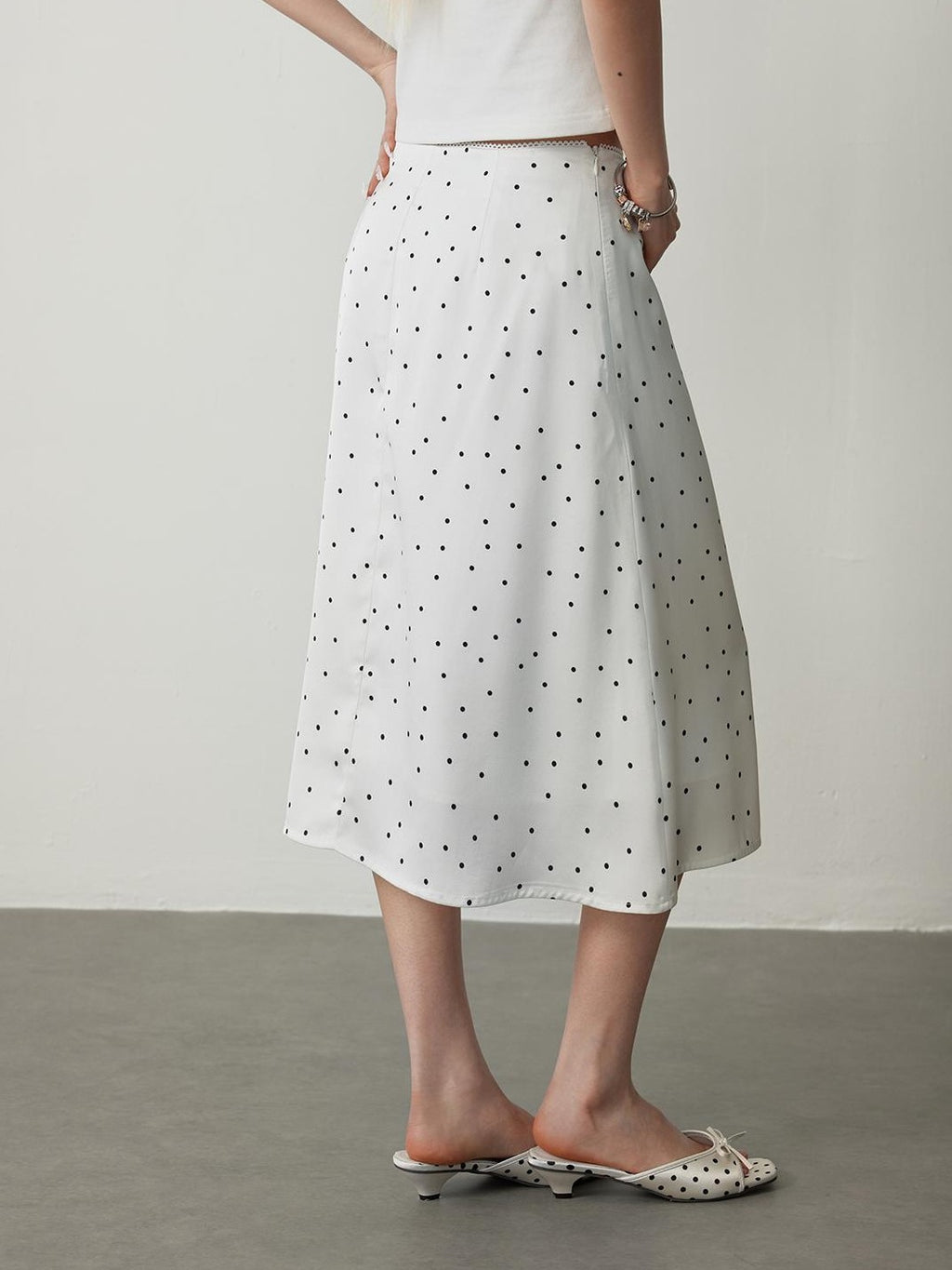 TOOOLAZY White Polka Dot Print High Waist Mid Length Women's Polyester A-line Skirts