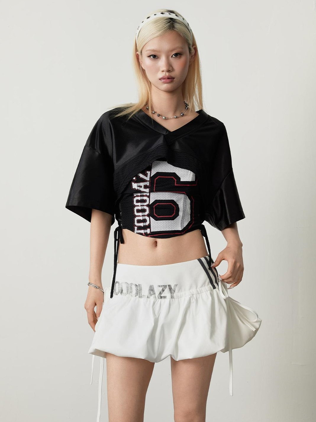 TOOOLAZY White Printed Bubble Hem Elastic Mid Waist Women's Polyester Mini Skirts