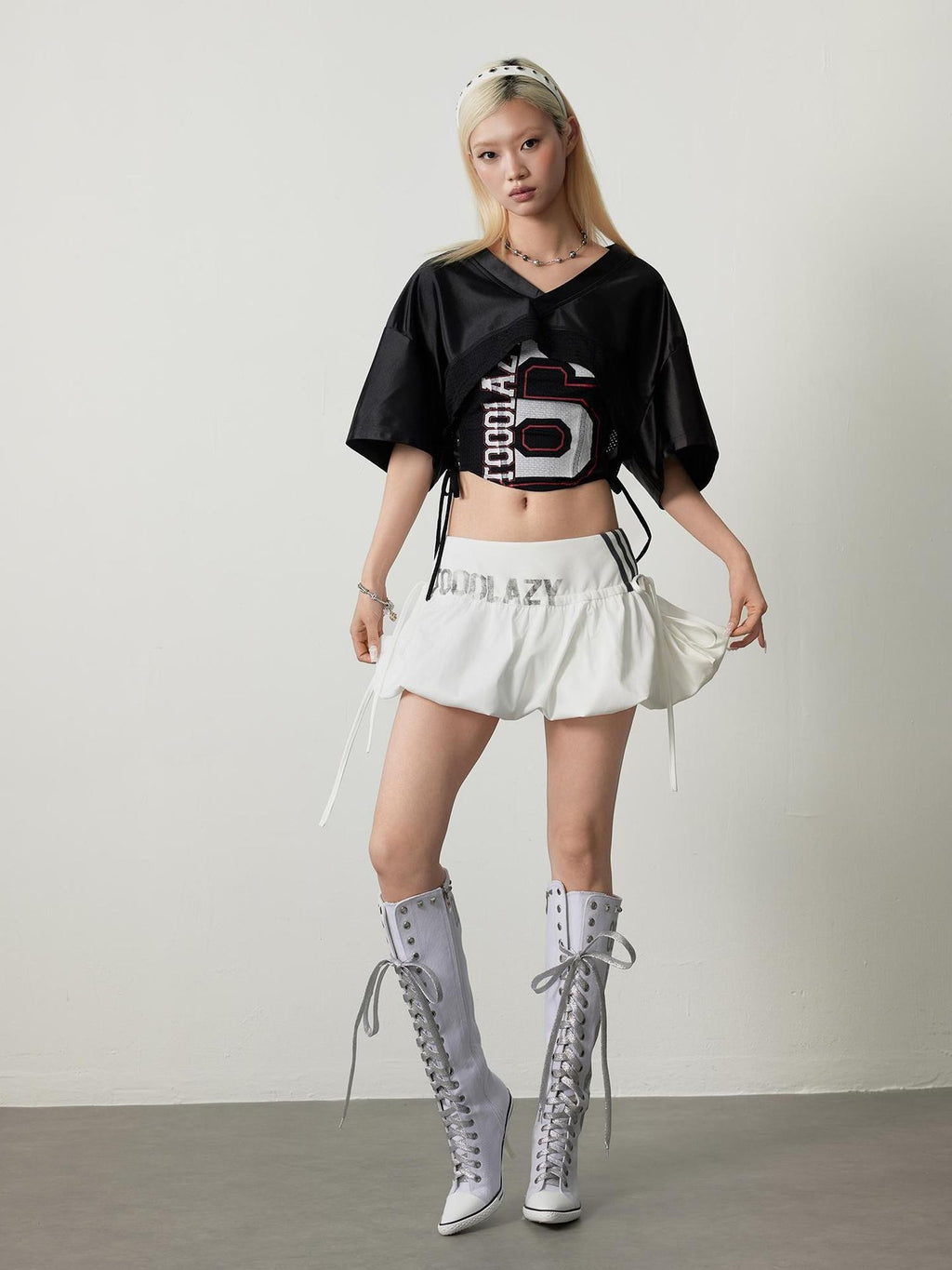 TOOOLAZY White Printed Bubble Hem Elastic Mid Waist Women's Polyester Mini Skirts