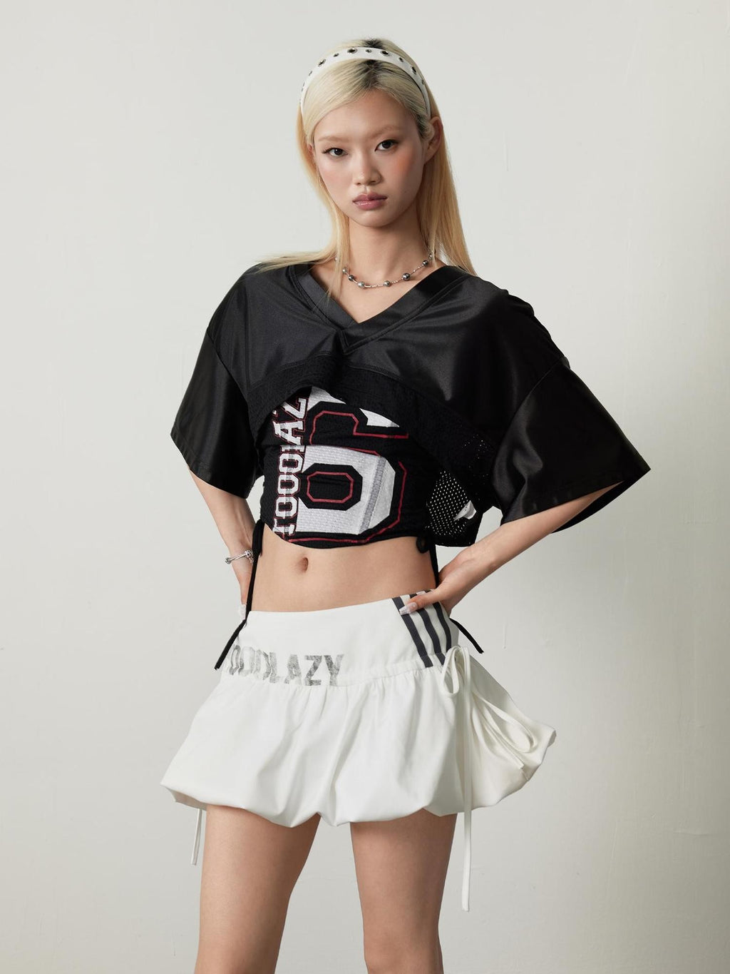 TOOOLAZY White Printed Bubble Hem Elastic Mid Waist Women's Polyester Mini Skirts