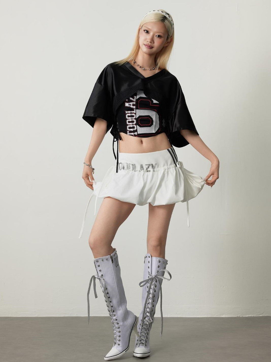 TOOOLAZY White Printed Bubble Hem Elastic Mid Waist Women's Polyester Mini Skirts