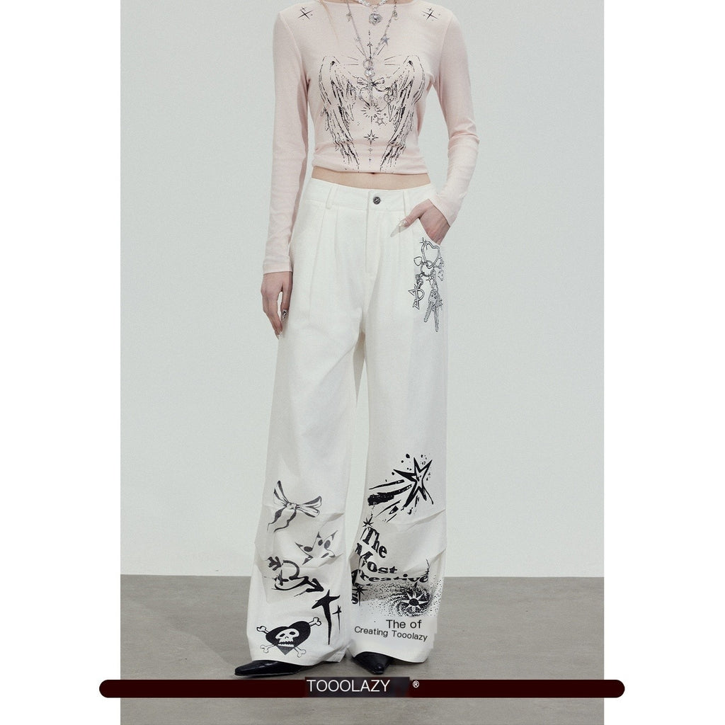 TOOOLAZY_White_Printed_Relaxed_Natural_Waist_Zip_Fly_Women's_Cotton_Straight-leg_Pants_1020736959677_MISSTT