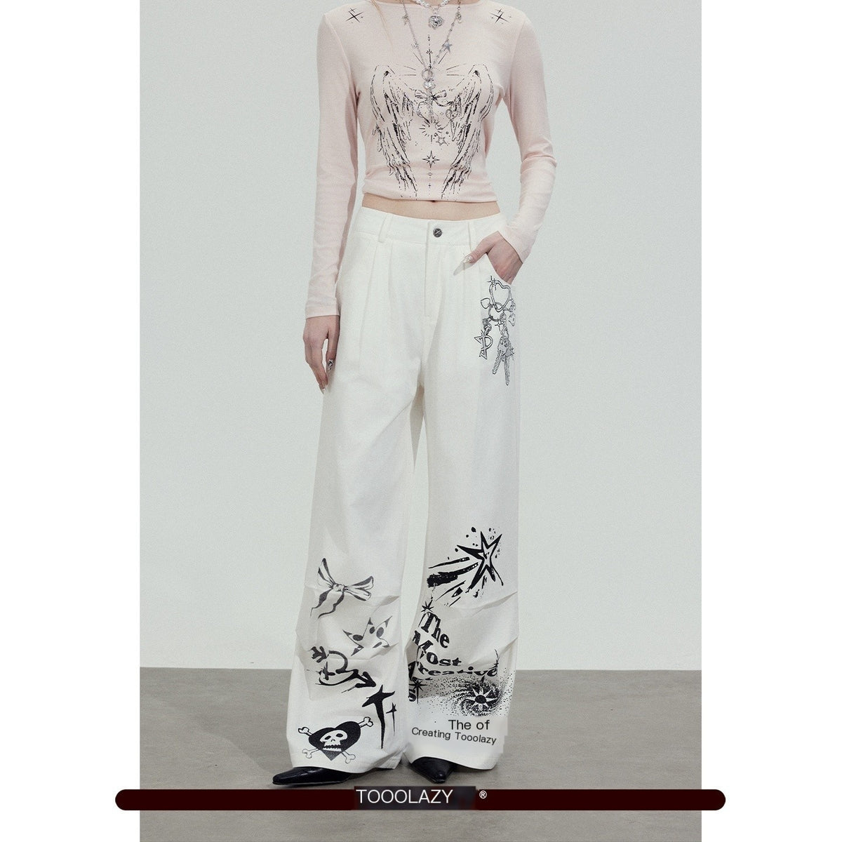 TOOOLAZY_White_Printed_Relaxed_Natural_Waist_Zip_Fly_Women's_Cotton_Straight-leg_Pants_1020736959677_MISSTT