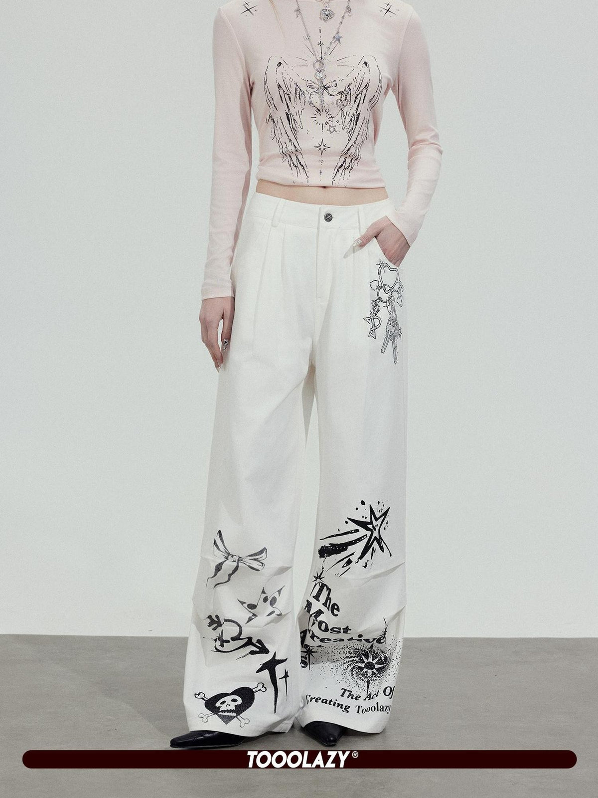 TOOOLAZY White Printed Relaxed Natural Waist Zip Fly Women's Cotton Straight-leg Pants