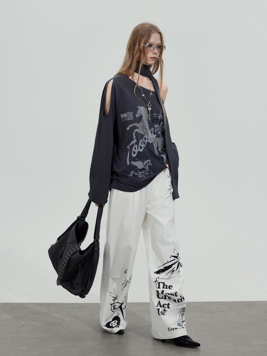 TOOOLAZY White Printed Relaxed Natural Waist Zip Fly Women's Cotton Straight-leg Pants