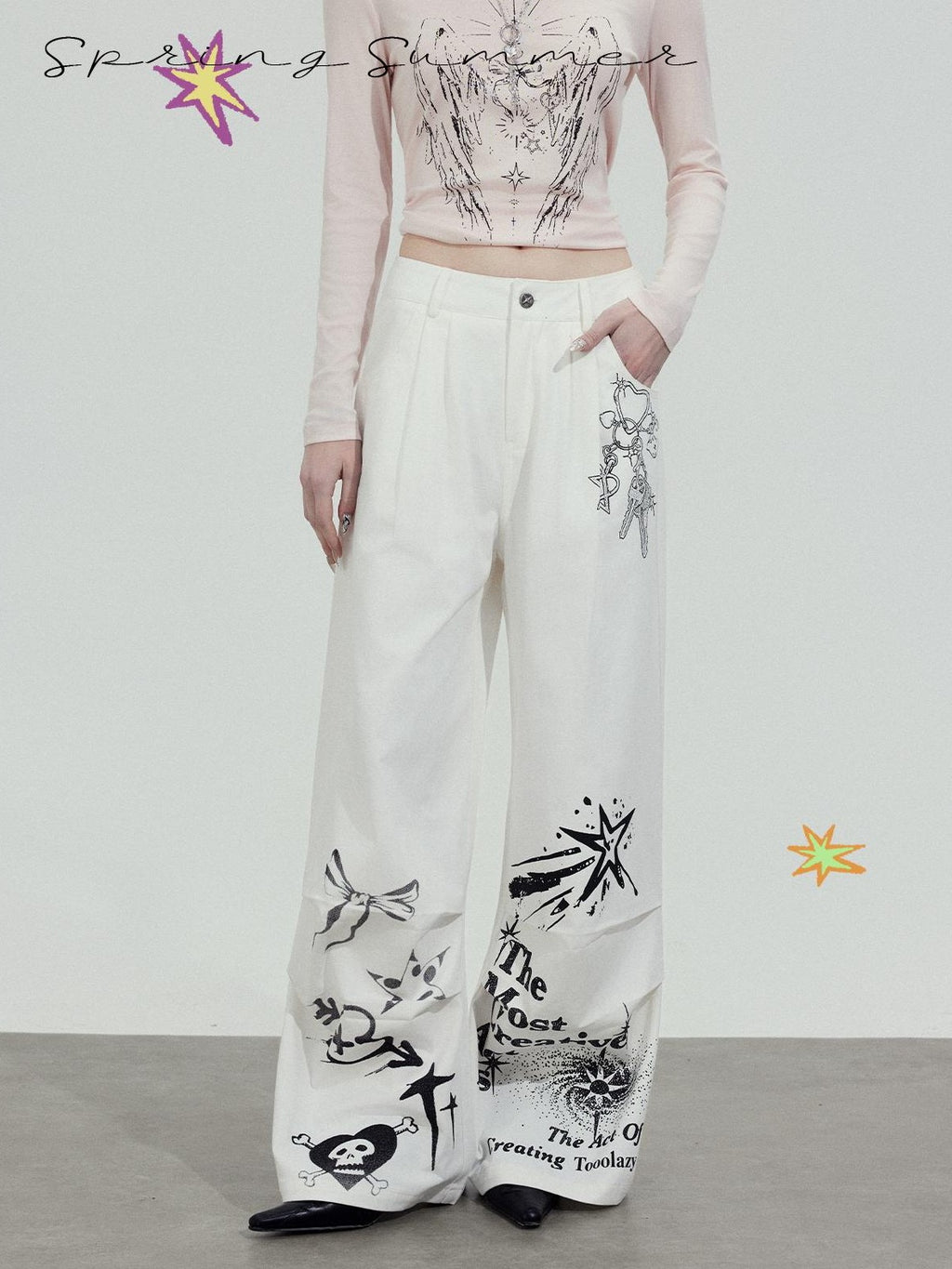 TOOOLAZY White Printed Relaxed Natural Waist Zip Fly Women's Cotton Straight-leg Pants