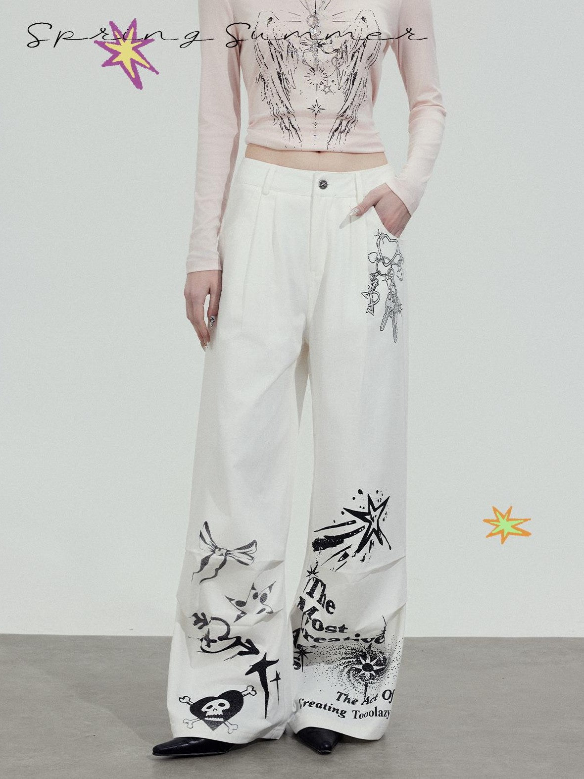 TOOOLAZY White Printed Relaxed Natural Waist Zip Fly Women's Cotton Straight-leg Pants