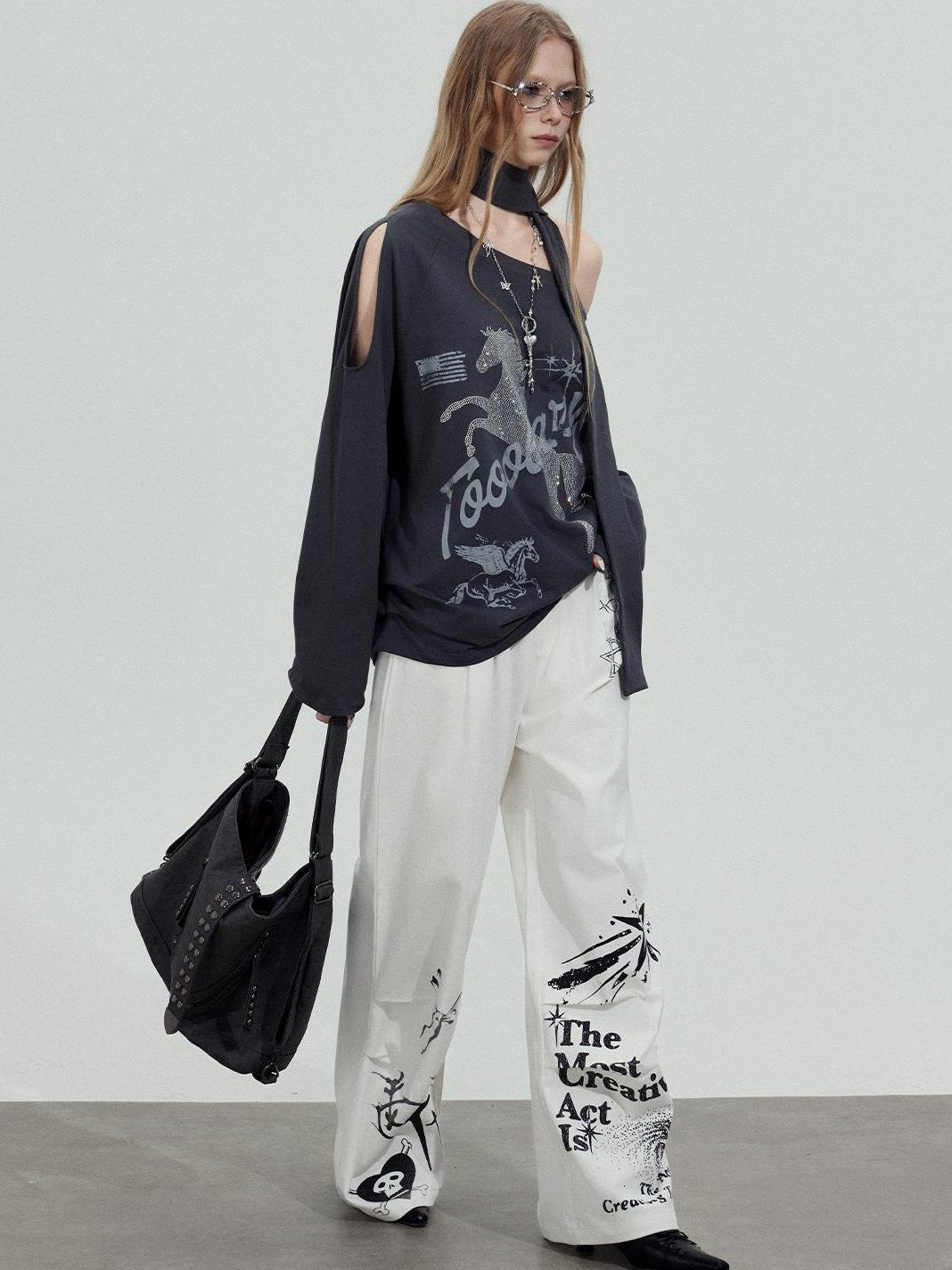 TOOOLAZY White Printed Relaxed Natural Waist Zip Fly Women's Cotton Straight-leg Pants