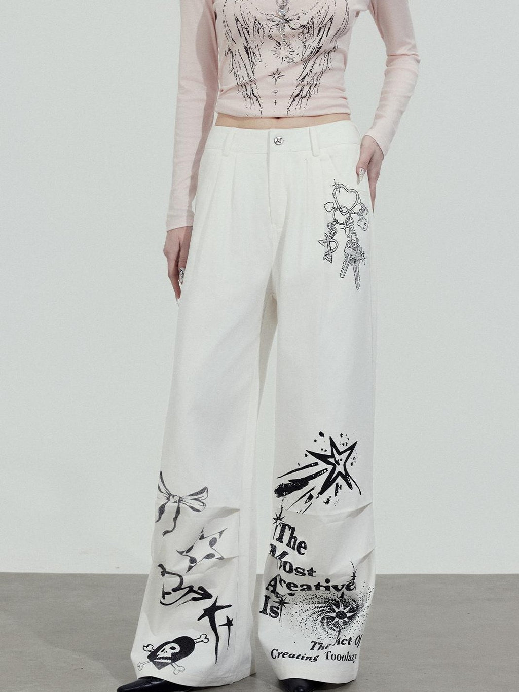 TOOOLAZY White Printed Relaxed Natural Waist Zip Fly Women's Cotton Straight-leg Pants