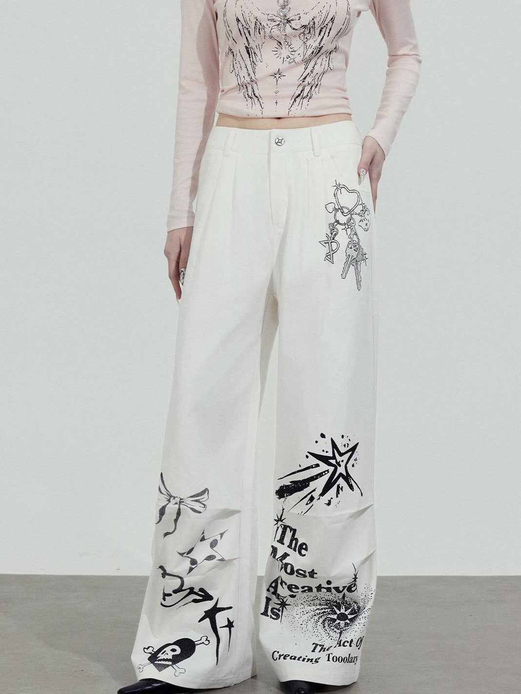 TOOOLAZY White Printed Relaxed Natural Waist Zip Fly Women's Cotton Straight-leg Pants