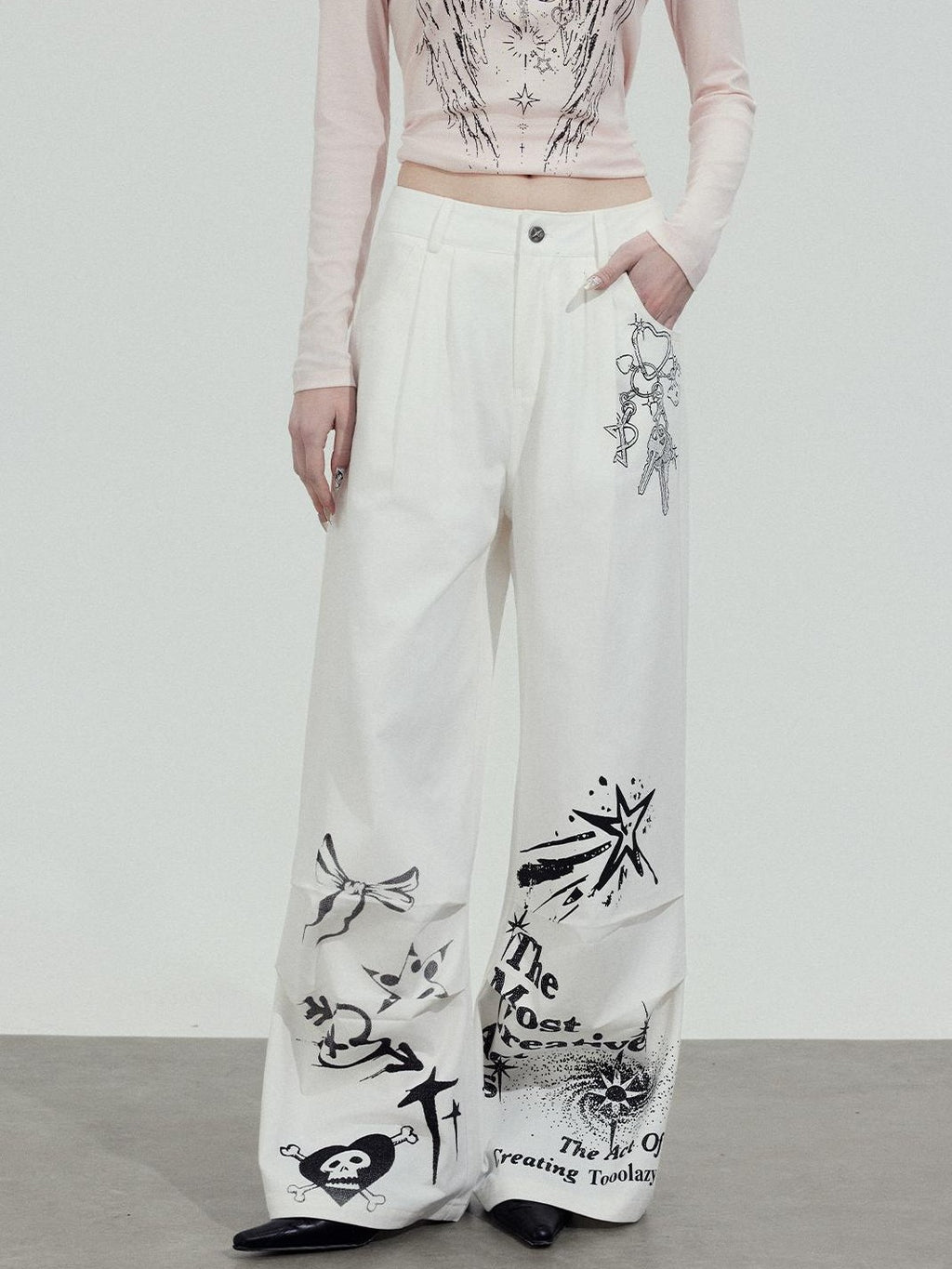 TOOOLAZY White Printed Relaxed Natural Waist Zip Fly Women's Cotton Straight-leg Pants