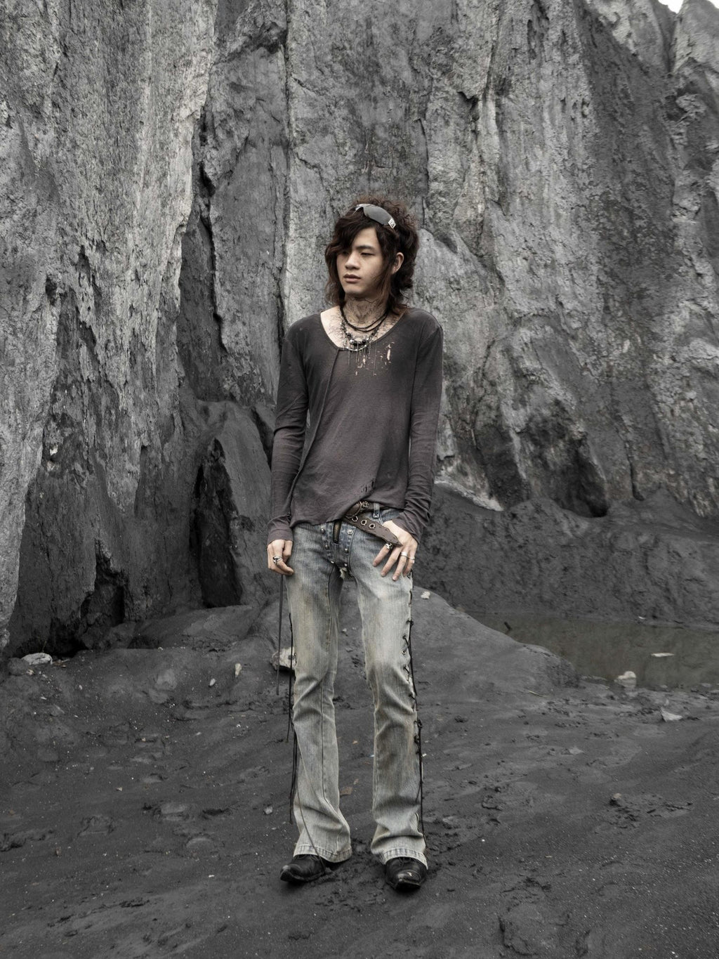 The space between Us Bandage Inspired Rivet Lace Up Micro Flare Women's Denim Bootcut Jeans