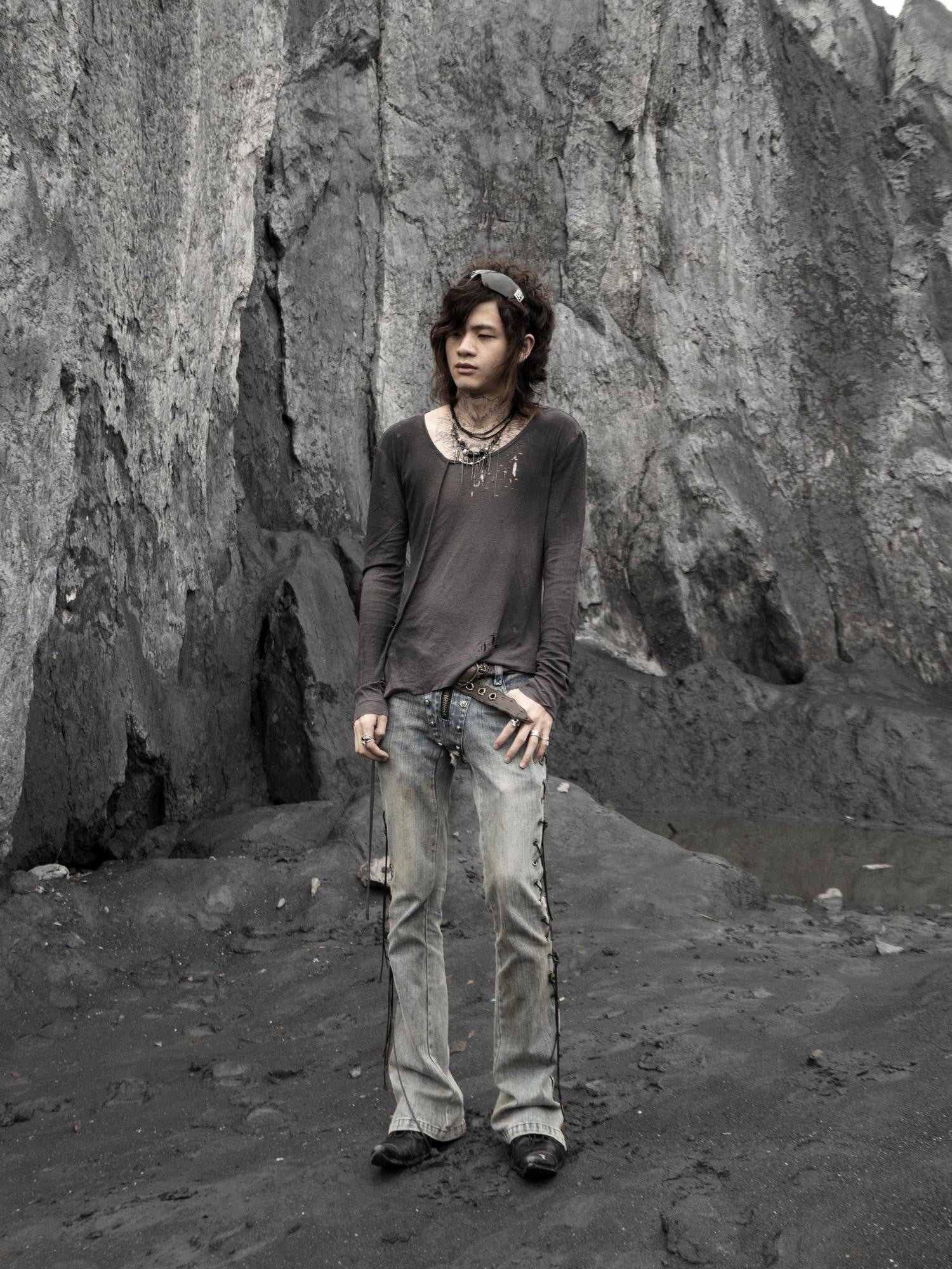 The space between Us Bandage Inspired Rivet Lace Up Micro Flare Women's Denim Bootcut Jeans