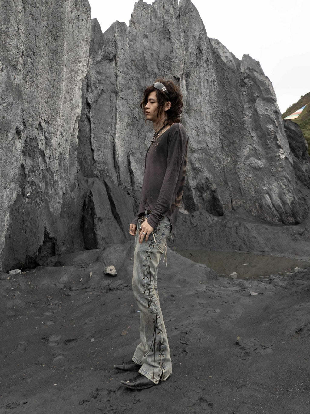 The space between Us Bandage Inspired Rivet Lace Up Micro Flare Women's Denim Bootcut Jeans